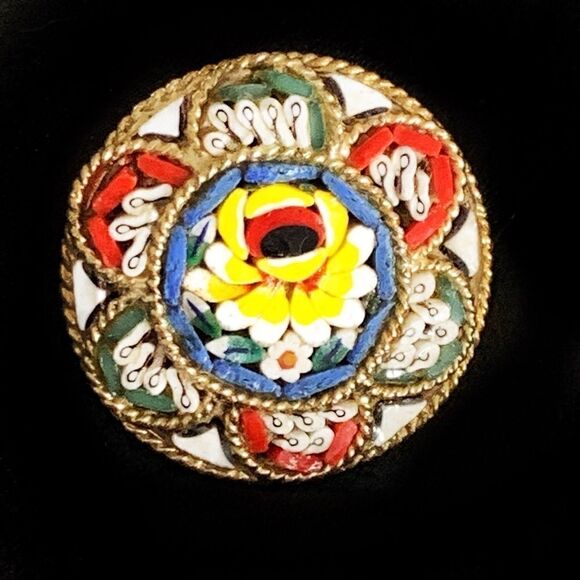 Yellow blue floral micro mosaic round Italian pin - Picture 3 of 7